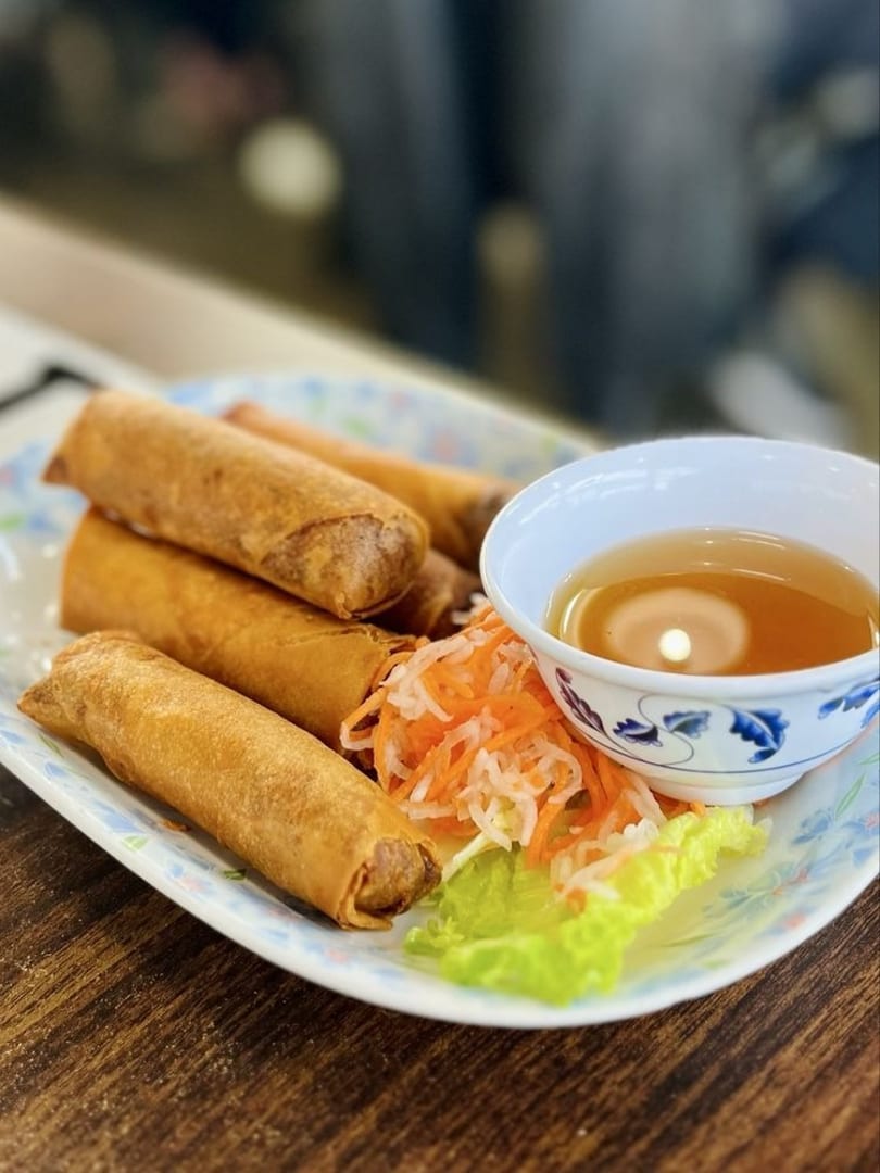 Crispy golden spring rolls with shredded carrots, lettuce, and dipping sauce on a patterned plate.